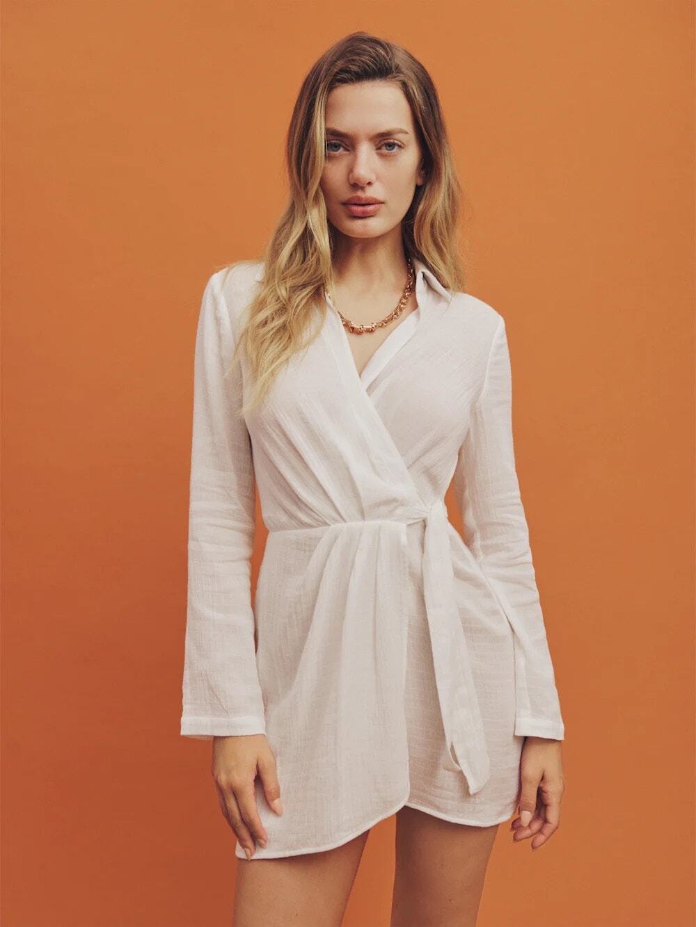 Reformation Sonia White Wrap Mini Cotton Shirt Dress 12
